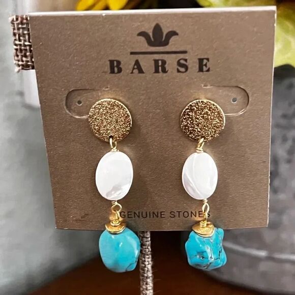 NWT Barse Genuine Stones Pearl & Magnesite Blue, White & Gold Post Earrings #BJ2 - Picture 3 of 4